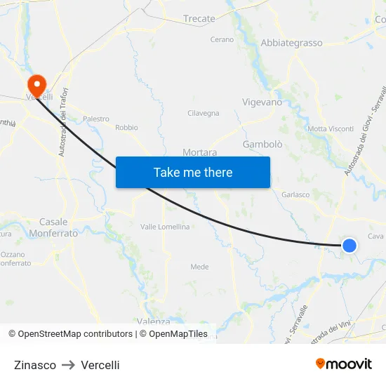 Zinasco to Vercelli map