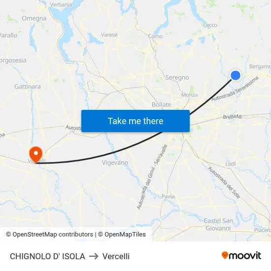 CHIGNOLO D' ISOLA to Vercelli map
