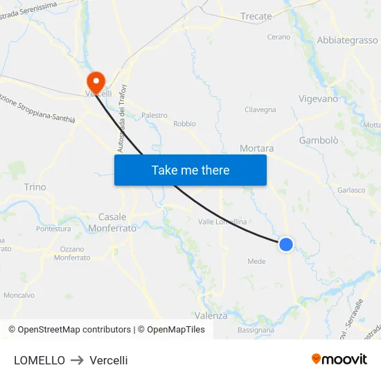 Lomello to Vercelli map