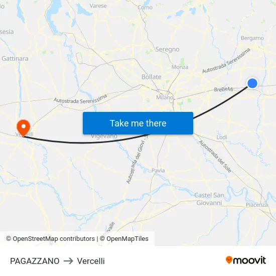 PAGAZZANO to Vercelli map