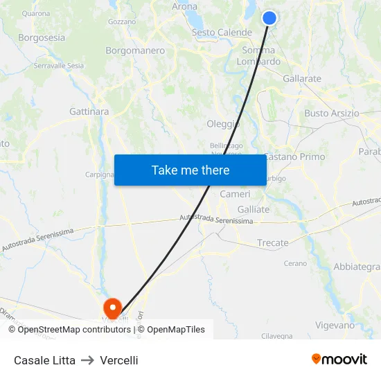 Casale Litta to Vercelli map