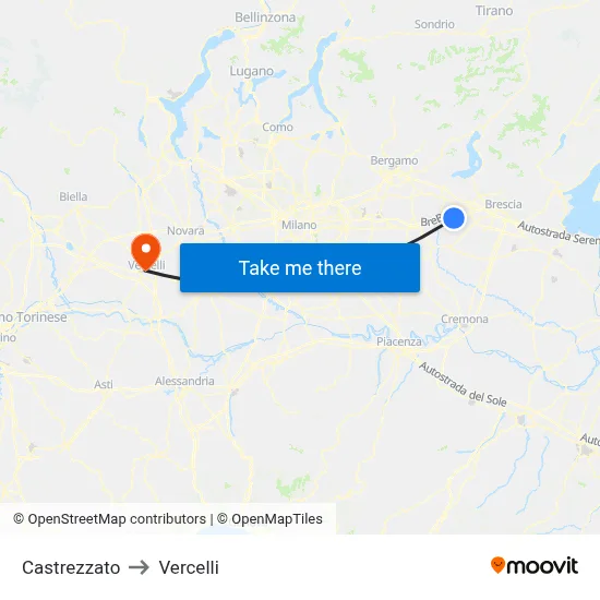 Castrezzato to Vercelli map