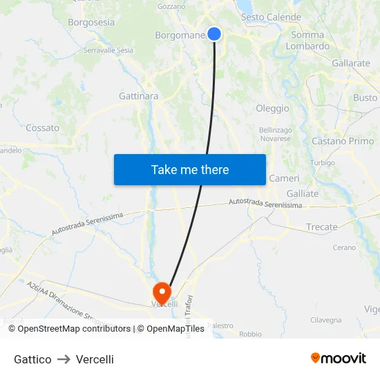 Gattico to Vercelli map