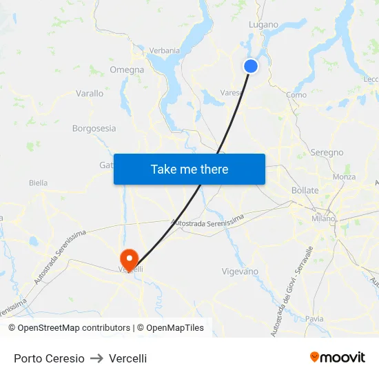 Porto Ceresio to Vercelli map