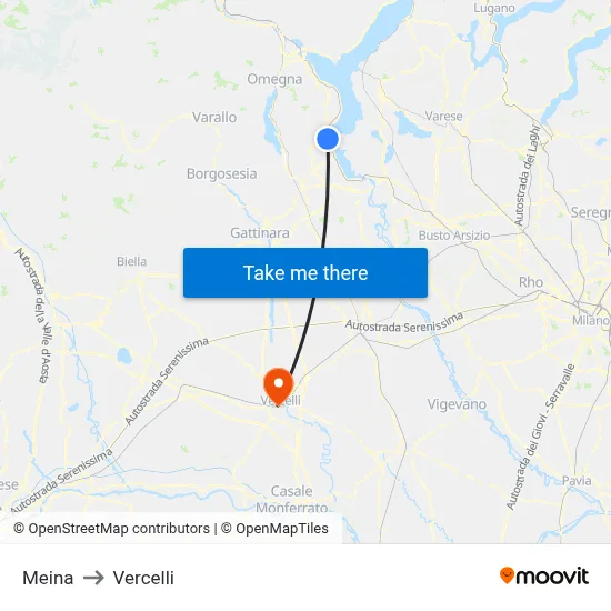 Meina to Vercelli map