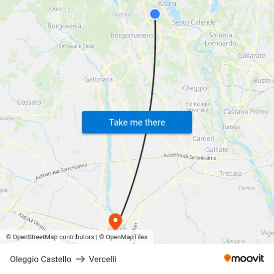 Oleggio Castello to Vercelli map