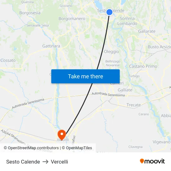 Sesto Calende to Vercelli map