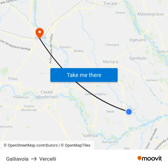 Galliavola to Vercelli map