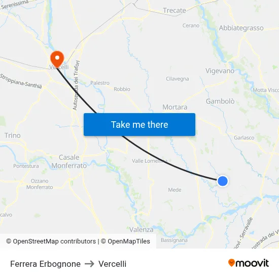 Ferrera Erbognone to Vercelli map
