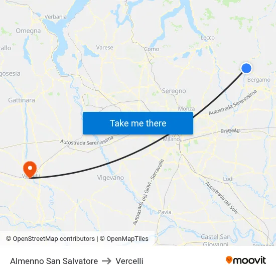 Almenno San Salvatore to Vercelli map