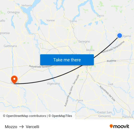 Mozzo to Vercelli map