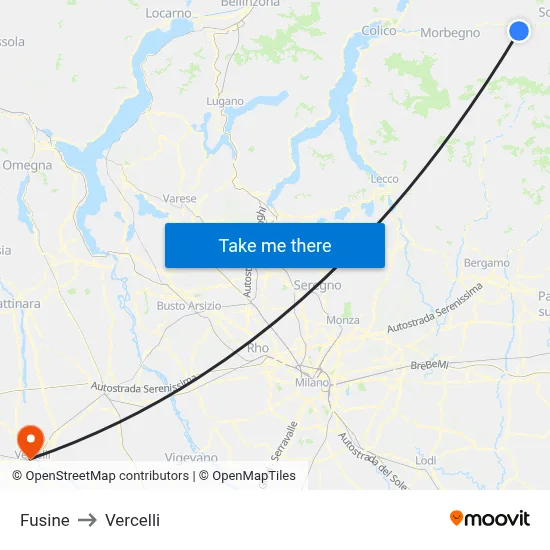 Fusine to Vercelli map