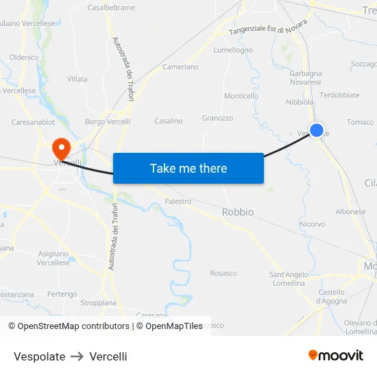 Vespolate to Vercelli map