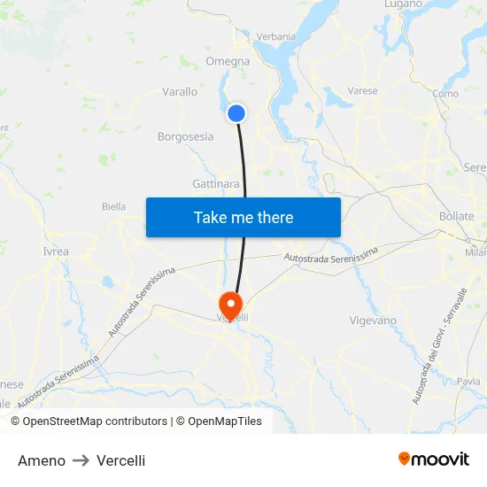 Ameno to Vercelli map
