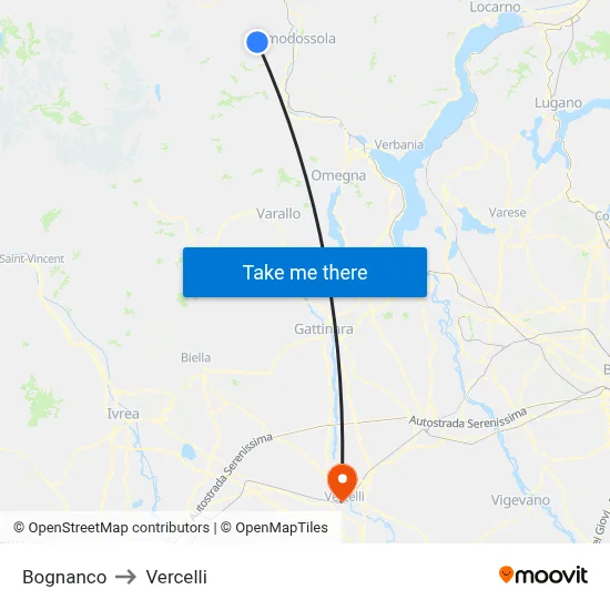 Bognanco to Vercelli map