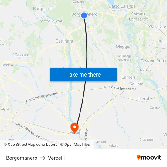 Borgomanero to Vercelli map