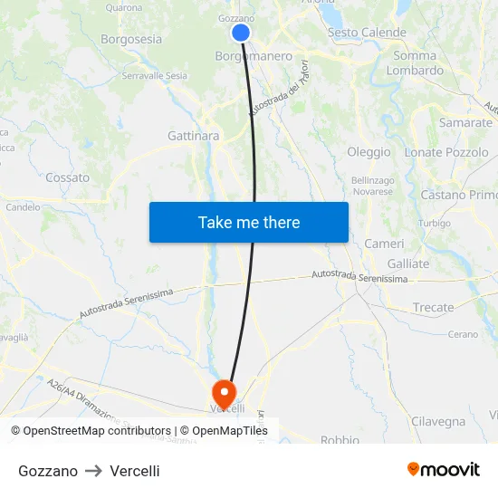 Gozzano to Vercelli map