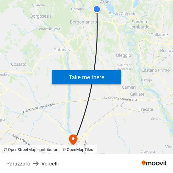 Paruzzaro to Vercelli map