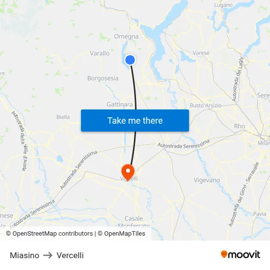 Miasino to Vercelli map