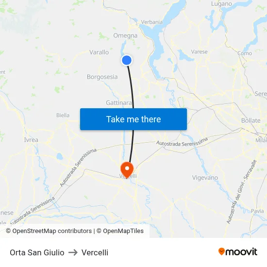 Orta San Giulio to Vercelli map