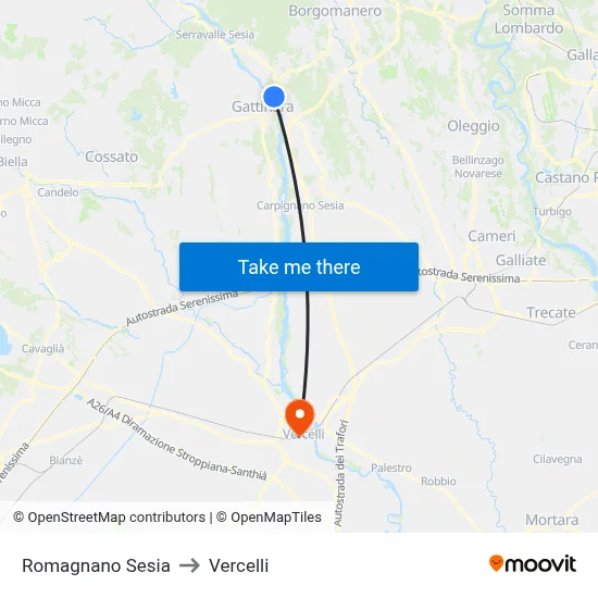 Romagnano Sesia to Vercelli map