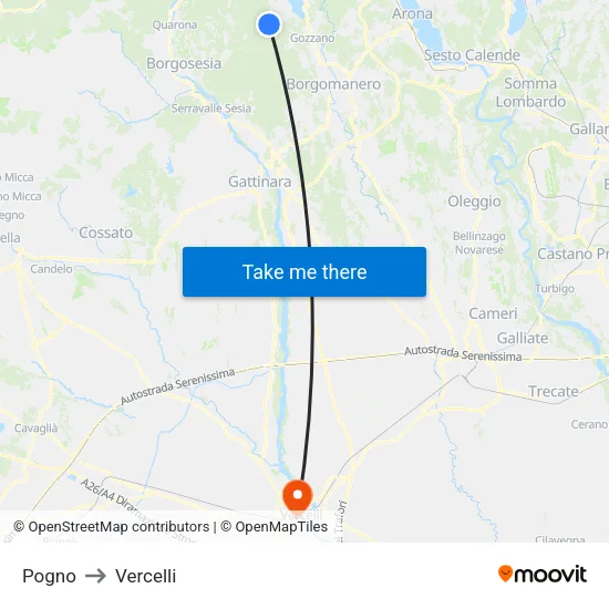 Pogno to Vercelli map