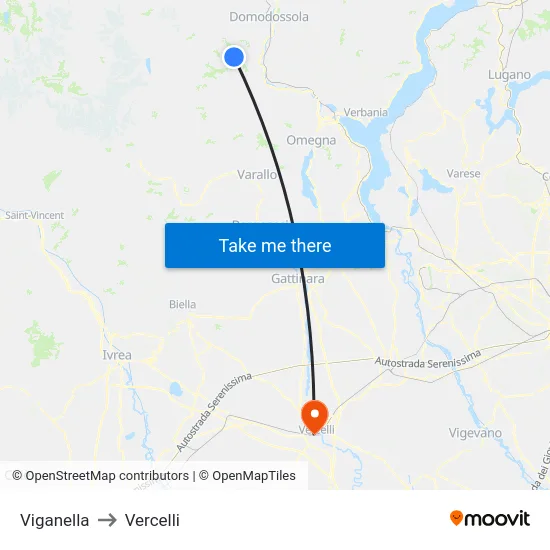 Viganella to Vercelli map