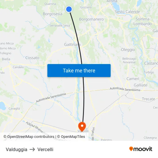 Valduggia to Vercelli map