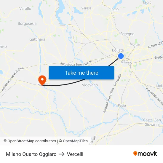 Milano Quarto Oggiaro to Vercelli map