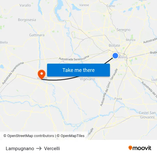 Lampugnano to Vercelli map