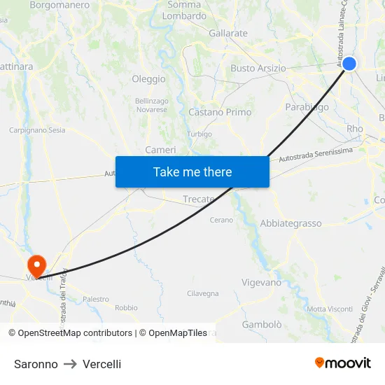 Saronno to Vercelli map