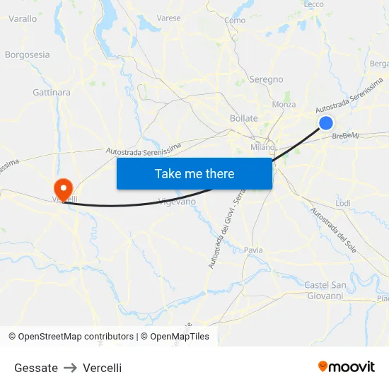 Gessate to Vercelli map