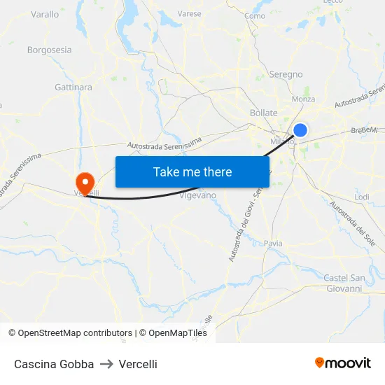 Cascina Gobba to Vercelli map