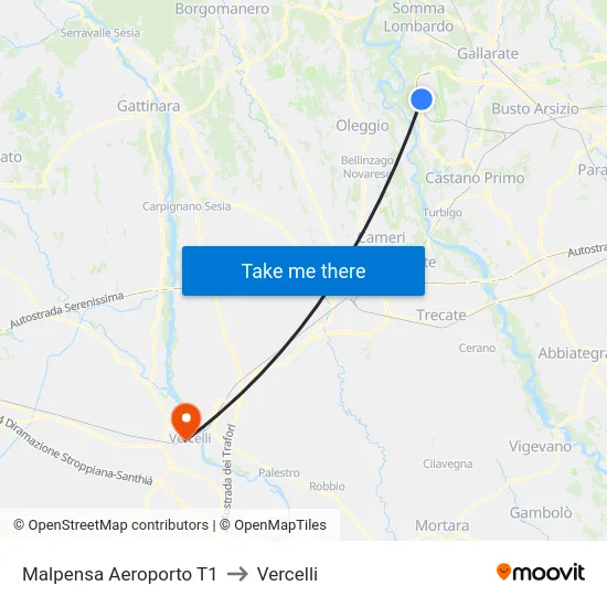 Malpensa Aeroporto T1 to Vercelli map