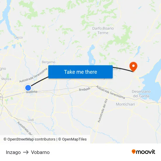 Inzago to Vobarno map