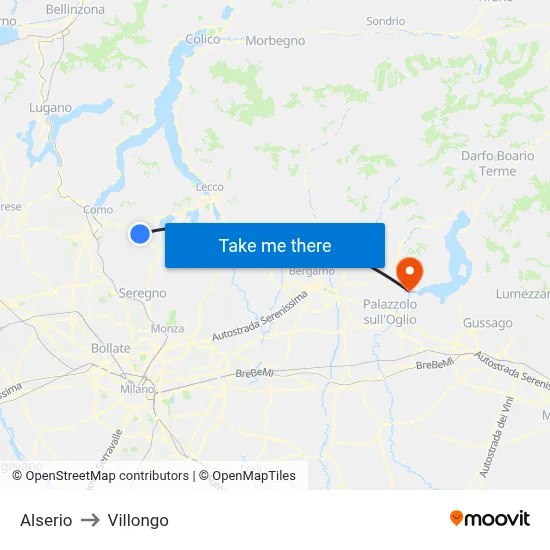 Alserio to Villongo map