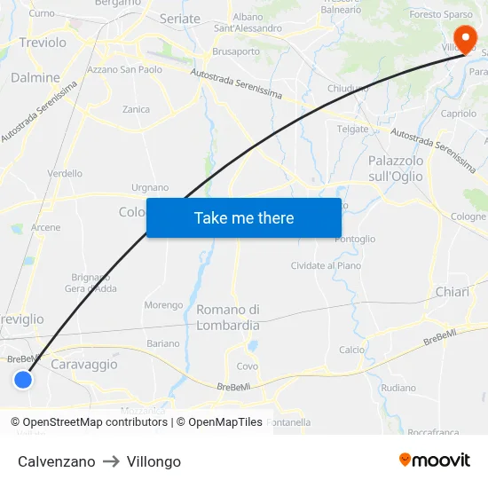 Calvenzano to Villongo map