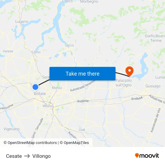 Cesate to Villongo map