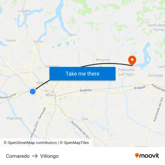 Cornaredo to Villongo map