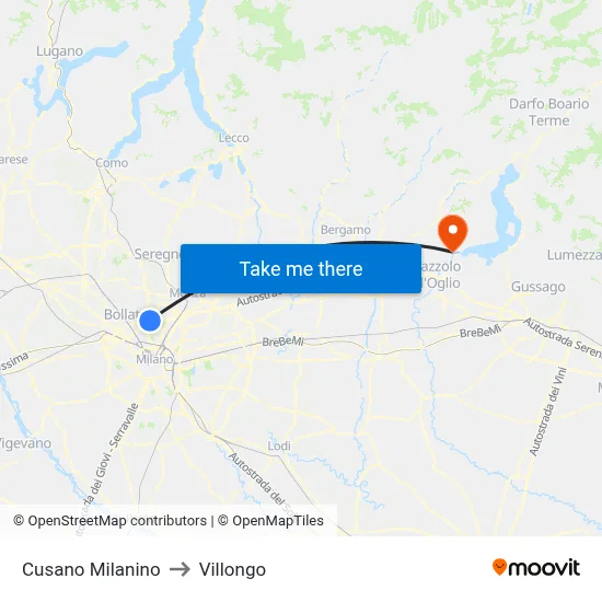 Cusano Milanino to Villongo map