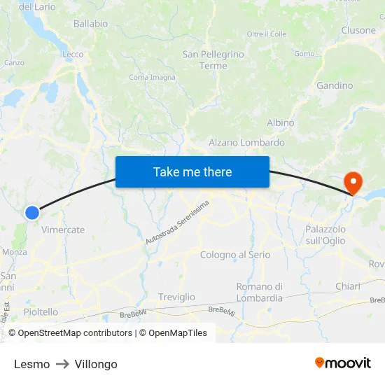 Lesmo to Villongo map