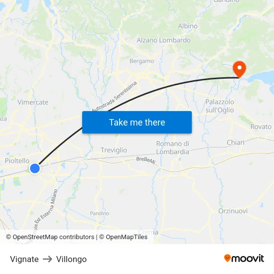 Vignate to Villongo map