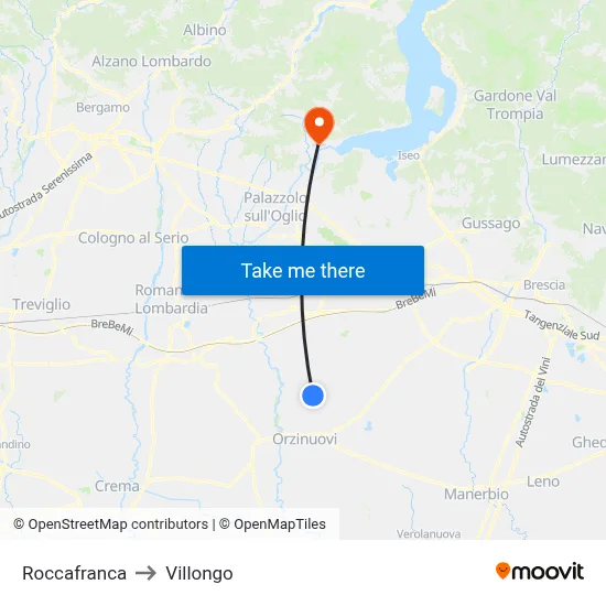 Roccafranca to Villongo map