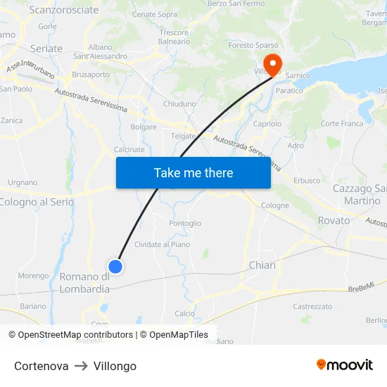 Cortenova to Villongo map
