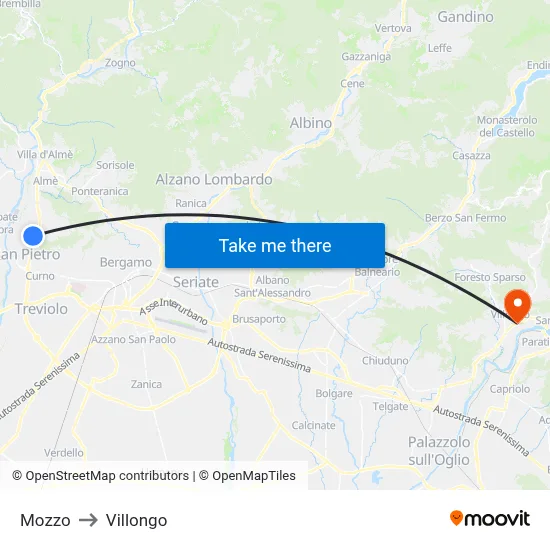Mozzo to Villongo map