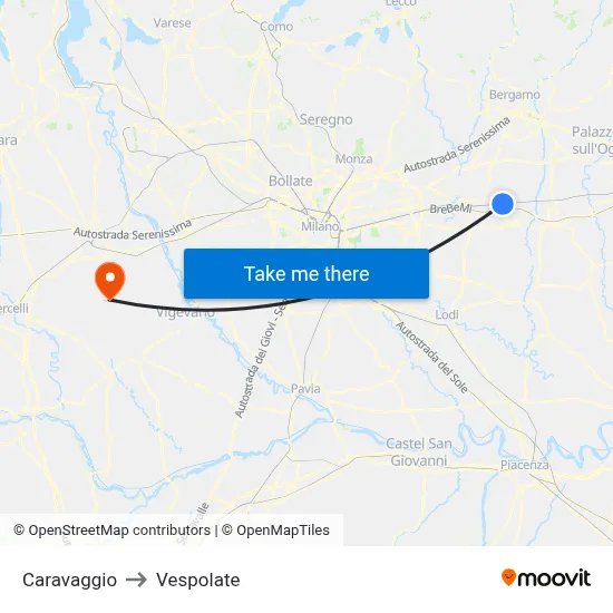 Caravaggio to Vespolate map