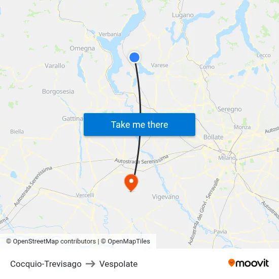 Cocquio-Trevisago to Vespolate map