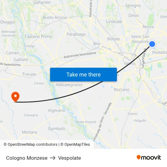 Cologno Monzese to Vespolate map