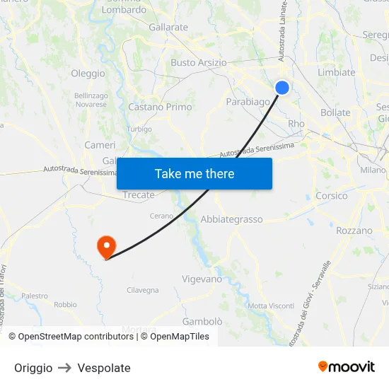 Origgio to Vespolate map