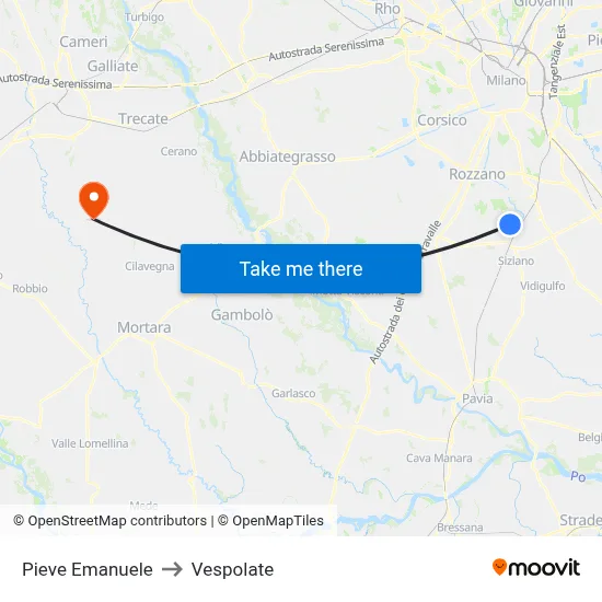 Pieve Emanuele to Vespolate map